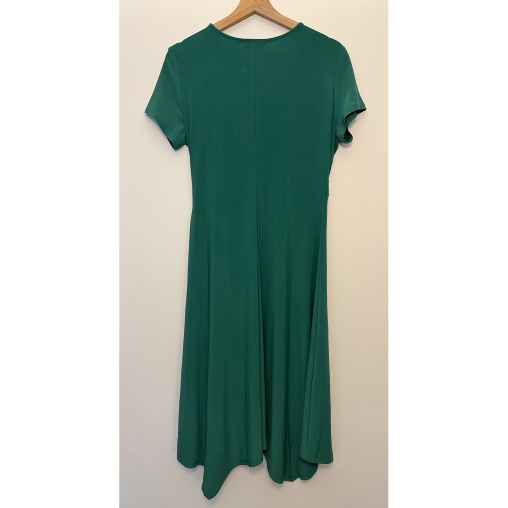 Nina Leonard Women's Faux Wrap Midi Dress Green Size M Shark Bite Hem A-Line - Picture 2 of 16